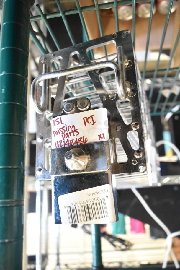 BRAND NEW SCRATCH AND DENT basket, model 112140486, with visible barcode and label indicating missing parts.