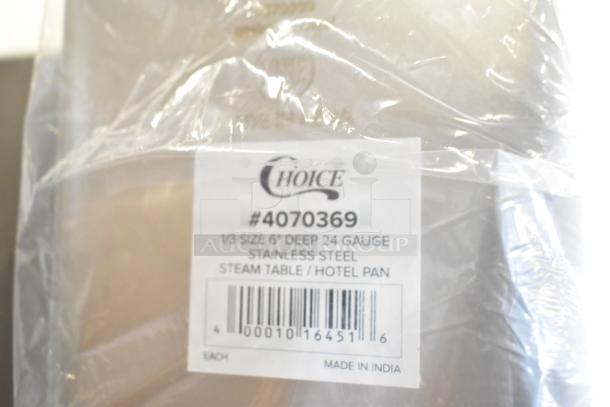 12 new scratch and dent stainless steel items, including Choice #4070369 1/3 size steam table pan, 6" deep, made in India.