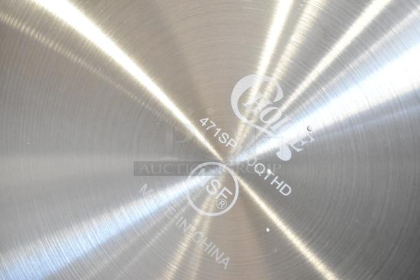 Stainless steel cookware bottom, marked with NSF certification, model 471SPL100QTHD, brand unknown, made in China.