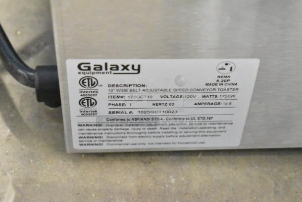 BRAND NEW Galaxy 177GCT10 Conveyor Toaster, 3" Opening, 120V, 1 Phase. Features ETL and warning labels, serial #1025GCT10023.