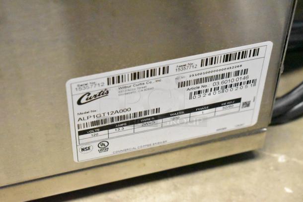 Curtis ALP1GT12A000 12 Cup Coffee Brewer, scratch and dent, 120V, 1 lower warmer, NSF, UL listed, model label shown.