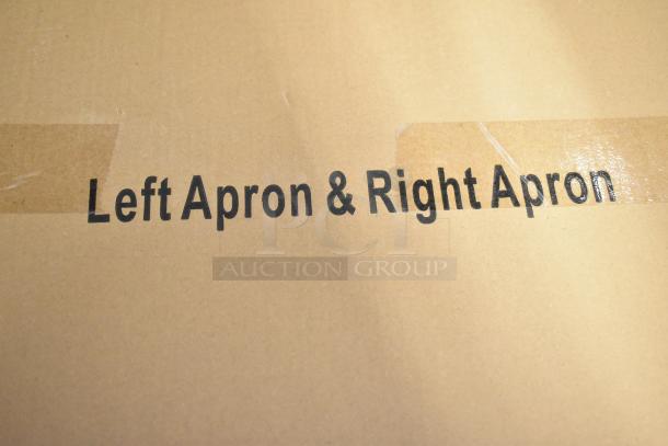 Cardboard packaging labeled "Left Apron & Right Apron" for ServIt 423EST2WSPB steam table, partially visible.