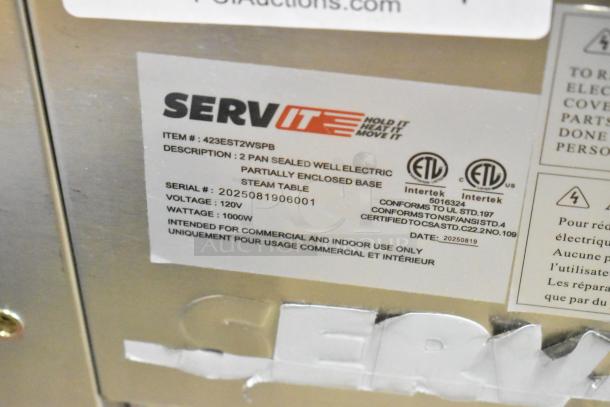 "ServIt 423EST2WSPB label; features 2 pan sealed well electric steam table, partially enclosed base, 120V, 1000W."