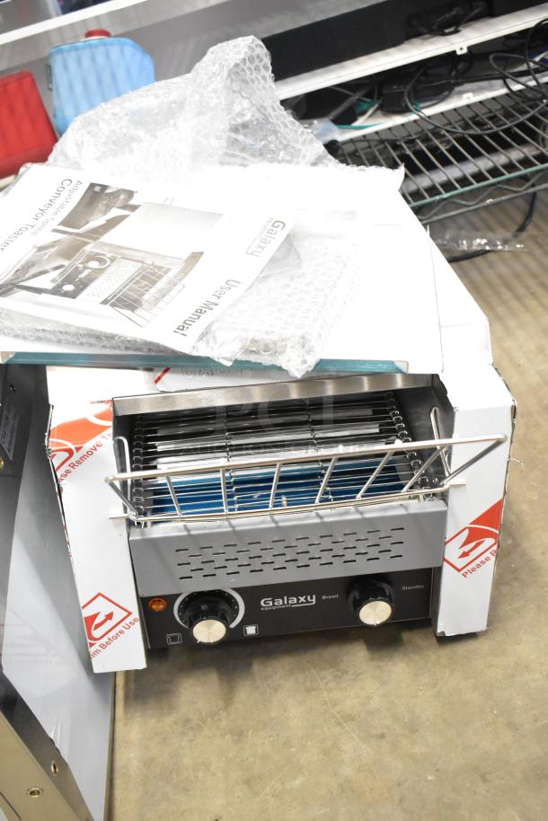 Brand new Galaxy 177GCT10 conveyor toaster, 3" opening. Scratch and dent, 120V, 1 phase. Includes user manual.