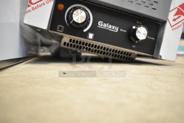 Brand new Galaxy 177GCT10 conveyor toaster, 3" opening, 120V, 1 Phase, minor scratch and dent, visible controls and branding.