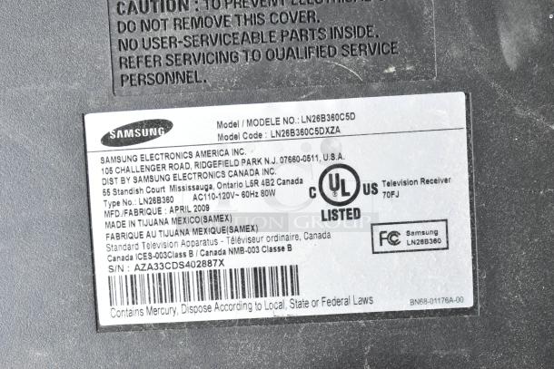 Label on back of Samsung LN26B360C5D TV, detailing model, manufacturing info, and safety certifications.
