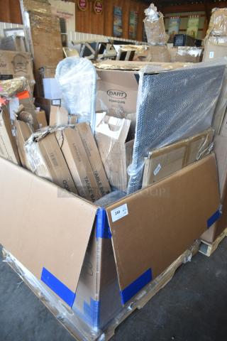 Auction lot of 18 brand new scratch and dent items, including pot rack and table base columns, in packaging.