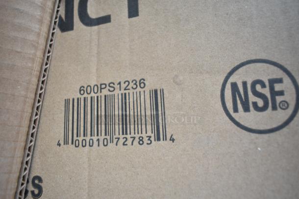Cardboard box showing NSF logo and barcode 600PS1236, indicating new scratch and dent items including pot rack and table base columns.