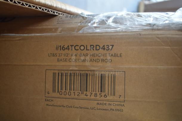 Cardboard box showing product code #164TCOLRD437 for a bar height table base column and rod, 37.5" x 4", Made in China.