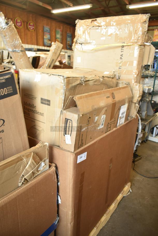 Boxes of scratch and dent items, features a pan rack and baby changing station, various labels visible.