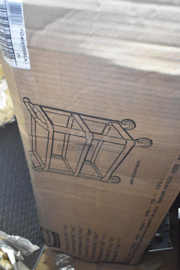 Cardboard box with an illustration of a pan rack, labeled FG409100BLA. Contains new scratch and dent items.