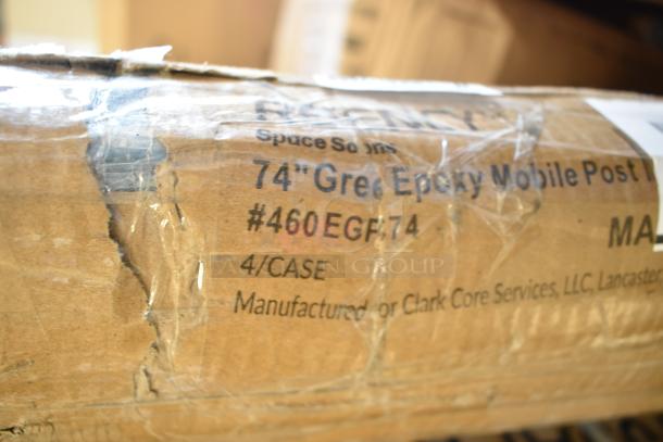 Cardboard box showing "74'' Green Epoxy Mobile Post" and "Clark Core Services, LLC." Item #460EGF74, marked "Scratch and Dent."