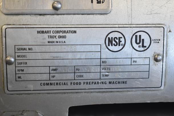 Hobart 2912 commercial meat slicer label, serial 56-1209-739, 115V, 1 phase, RPM 1725, NSF and UL certified, made in Troy, Ohio.