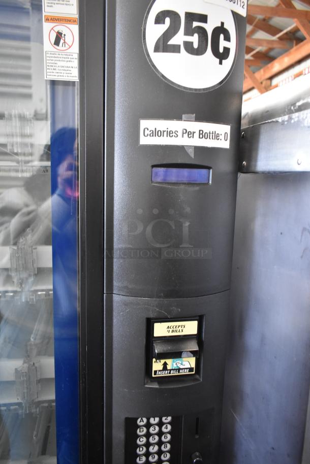 Crane 5800-4 metal vending machine with bill acceptor, 115 Volts, 1 Phase. Displays "25¢" and "Calories Per Bottle: 0".