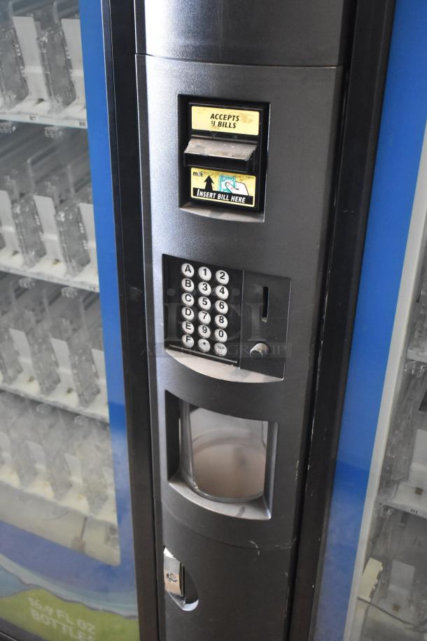 Crane 5800-4 metal vending machine with bill acceptor, 115V, 1 phase. Features keypad and bottle display.