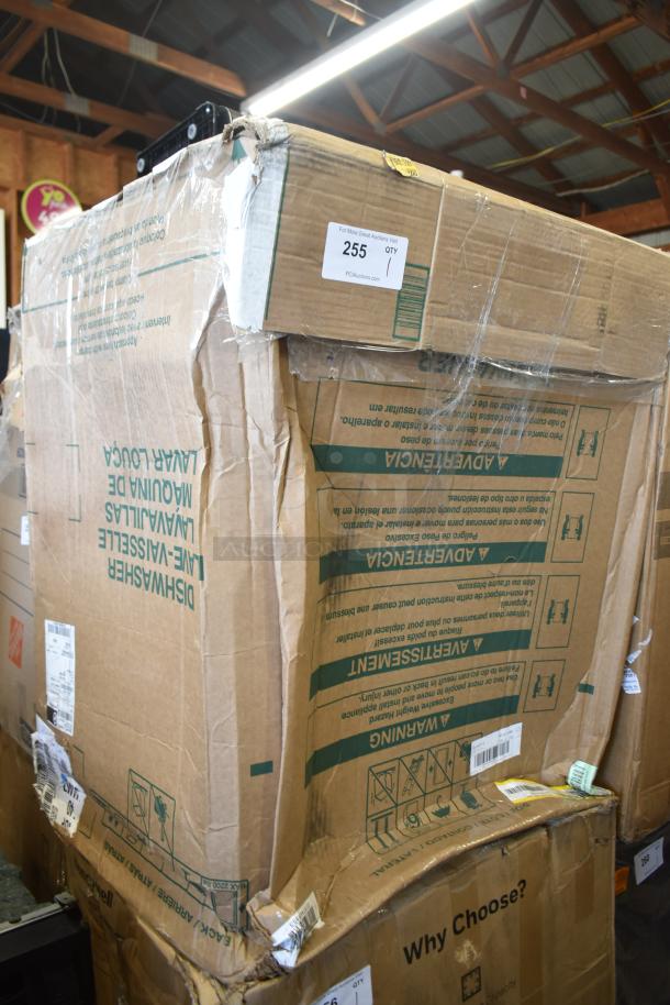 Damaged box containing Whirlpool WDP540HAMZ 24" Fully Integrated Dishwasher; new, scratch and dent, auction tag visible.