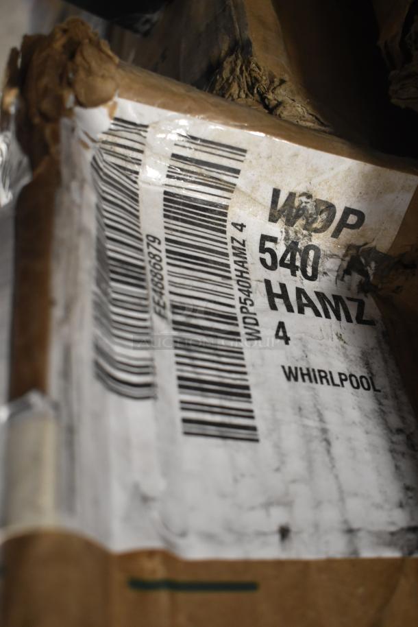Alt text: Whirlpool WDP540HAMZ dishwasher packaging with visible scratch and dent label. Model details and barcode shown.