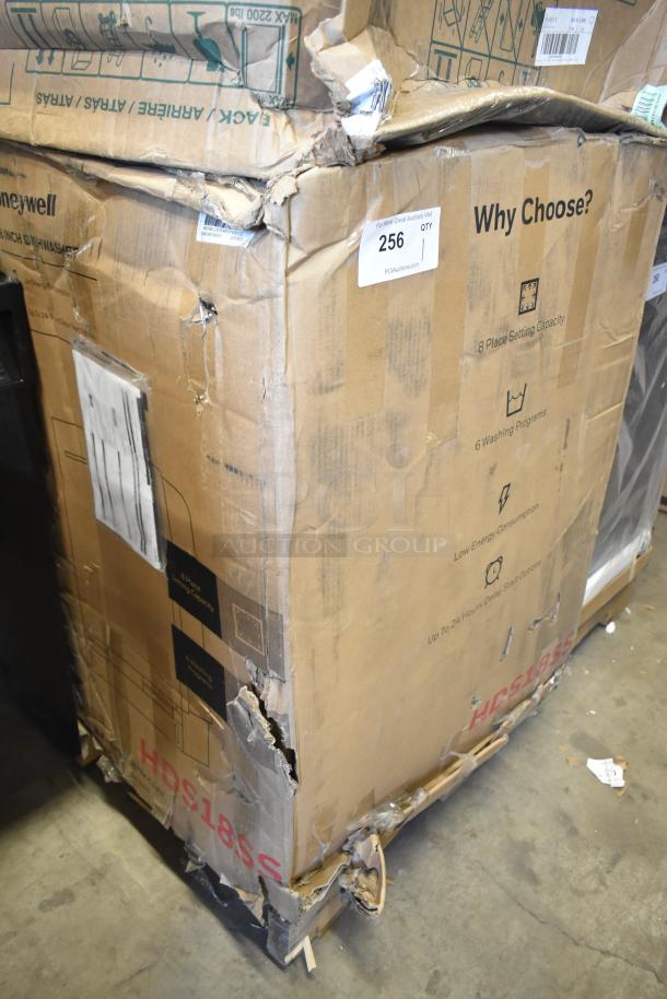 Damaged box of Honeywell HDS18SS dishwasher, brand new, 115 Volts, 1 Phase, with 8 place settings and 6 wash programs.