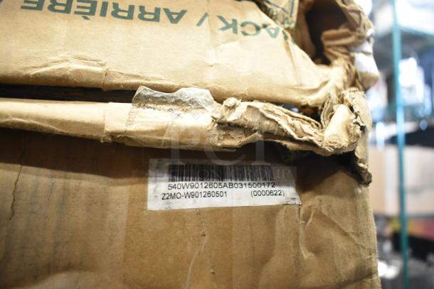 Damaged cardboard box with a barcode for a Honeywell HDS18SS Dishwasher, 115 Volts, 1 Phase, noted as Brand New Scratch and Dent.