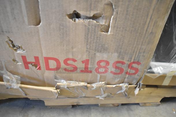 Brand new Honeywell HDS18SS dishwasher in scratched packaging. 115 volts, 1 phase. Visible carton damage shown.