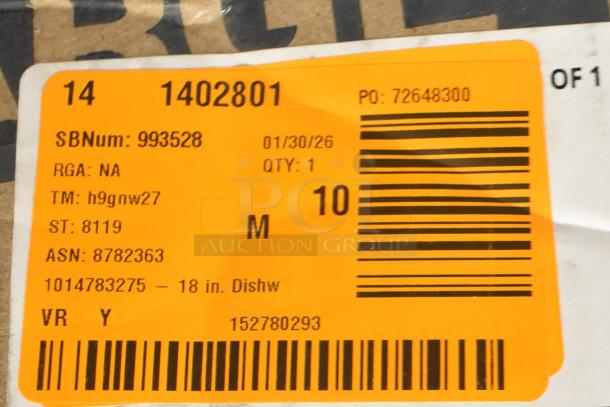 Barcode label on new Honeywell 18" dishwasher package. Includes serial numbers, model info, and condition note: Scratch and Dent.