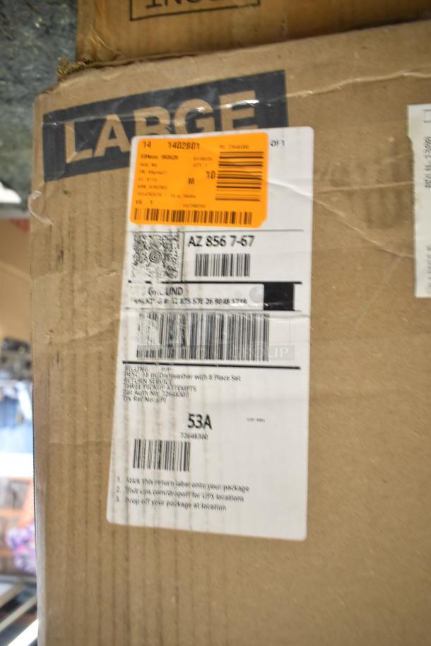 Box for Honeywell 18" Dishwasher, showing shipping labels and a note of 'Scratch and Dent.' New, 115 Volts, 1 Phase.