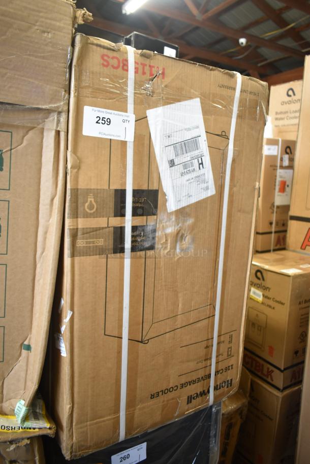 Brand new Honeywell H115BCS Can Cooler, 115 Can Capacity, 115V, 1 Phase. Box shows scratch and dent, model visible on packaging.