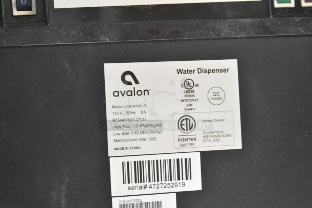 Avalon A4BLWTRCLR bottom loading water cooler label. Features 115V, 60Hz, 6A. Includes UL and ETL certifications. Model info and serial number visible.