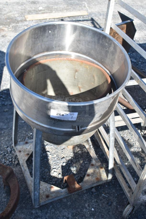 Stainless steel mixing bowl on metal dolly, used condition, label "264" visible, auction by PICAuctions.com.