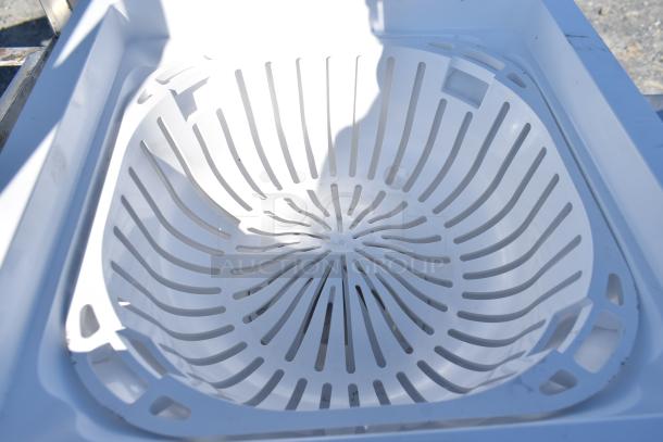 Commercial pan rack with white plastic drying rack insert, in used condition.