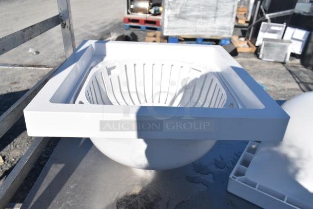 Commercial pan rack with plastic contents, shown in outdoor setting. Metal frame in good condition, no visible tags or labels.