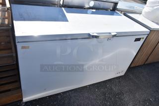 Titan XTCF16 chest freezer, 115V, 1 phase, white exterior, visible scuff marks, Titan logo, used condition.