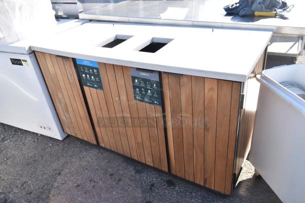 Wooden trash can shell with dual deposit holes, labeled for recycle and landfill. Features sleek wooden doors and metallic top.