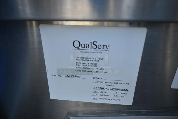QualServ WMSC24MS commercial portable sink, stainless steel, on casters. Features manufacturer's label with contact info.