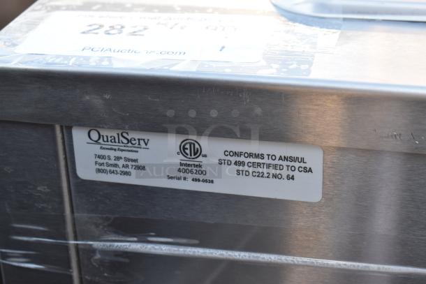 QualServ WMSC24MS portable sink on casters, label indicates ANSI/UL compliance, Intertek certified, serial 499-0538.