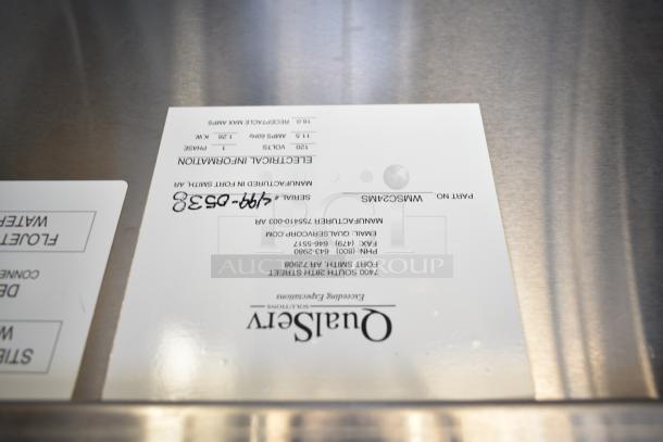 QualServ WMSC24MS commercial portable sink with stainless steel finish, on casters. Label shows serial number and electrical specs.