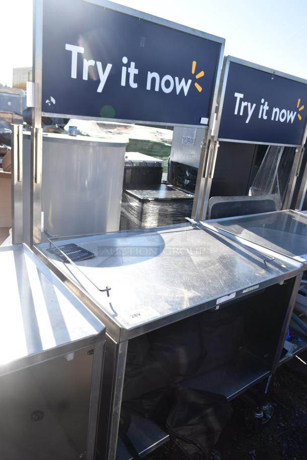 National Cart commercial portable counter with under-shelf and drawer on commercial casters, featuring "Try it now" signage.