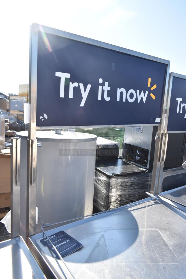 National Cart commercial portable counter with under shelf, drawer, and casters. Features "Try it now" signage.