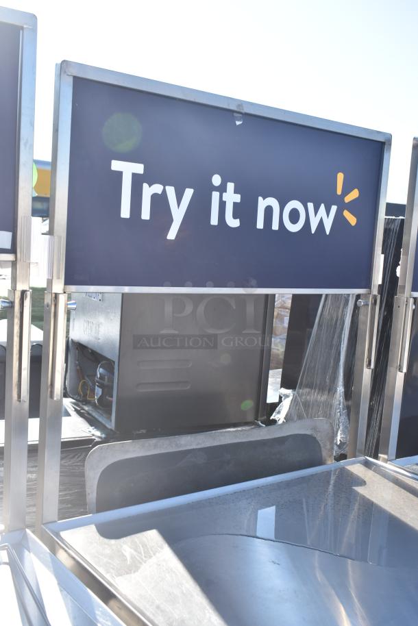 National Cart commercial portable counter, features under shelf and drawer, on commercial casters. Includes "Try it now" signage.