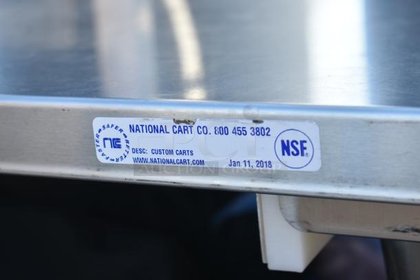 National Cart commercial portable counter with under shelf and drawer, features custom cart label, NSF-certified.