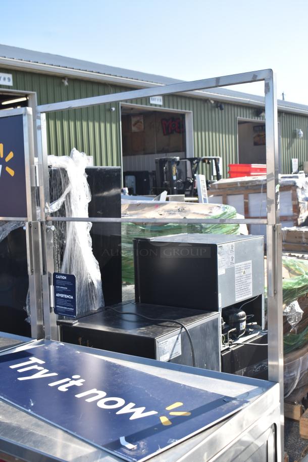 National Cart commercial portable counter with under shelf, drawer, commercial casters, signage, and contents.