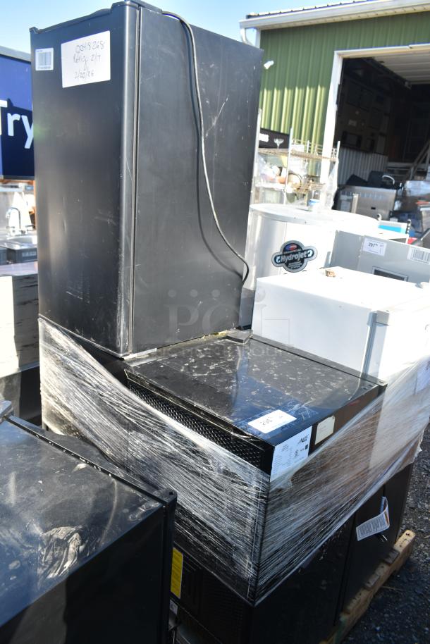 Six mini coolers including Arctic King ARM32D5ABB, 2 Galanz GLR33MBKE23, Haier, Hisense, wrapped for auction, 120V, 1 phase.