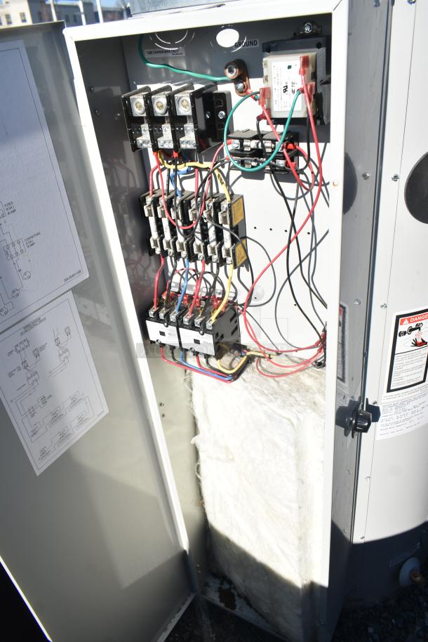 Bradford White CEHD5013531ECF 50-gallon electric water heater, open panel showing wiring and components, detailed diagrams visible.