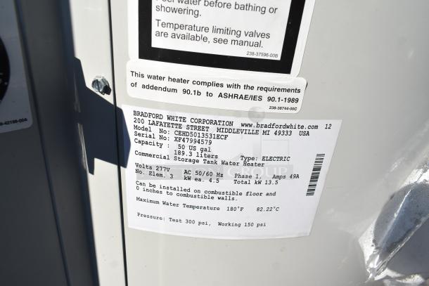 Bradford White CEHD5013531ECF 50 Gallon Electric Water Heater label showing model, specs, and compliance details.