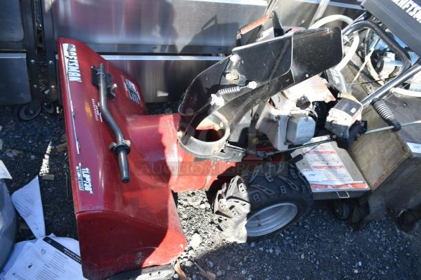 Craftsman 536.888110 30" Snow Thrower, red, with large tires and black chute. Used condition, visible wear and rust.