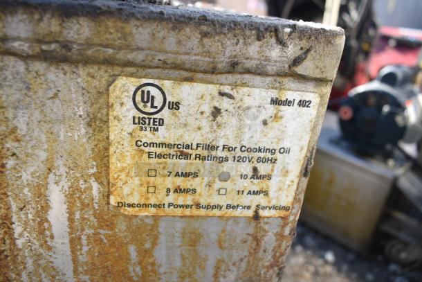 Rusty, UL listed Model 402 commercial filter for cooking oil. Electrical ratings: 120V, 60Hz, various amps.