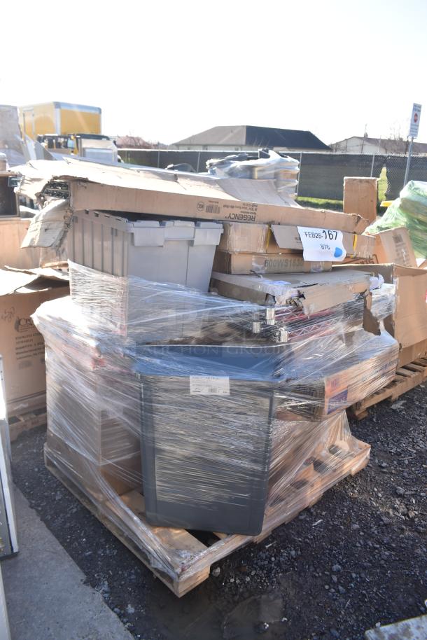 9 brand new scratch and dent items, including wire shelves and a wall shelf. Items wrapped on wooden pallet.