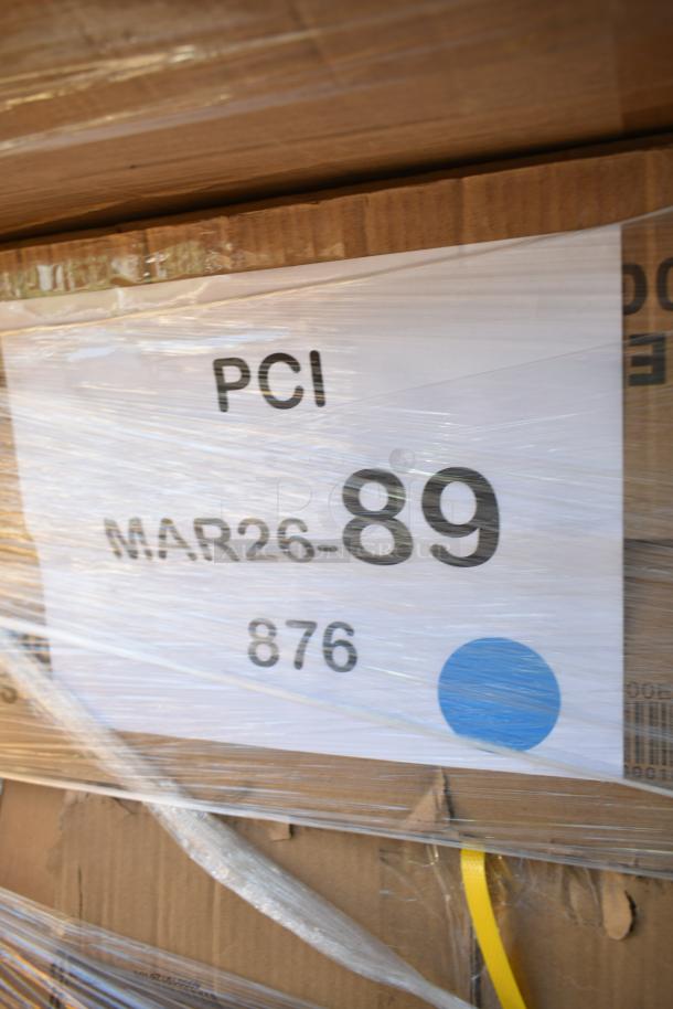 Five brand new scratch and dent items including equipment stand, counter. Label reads "PCI MAR26-89 876."