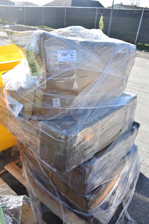 Stack of five brand new equipment items, scratch and dent condition, secured on a pallet with plastic wrap. Visible label: "394," "Qty x5."