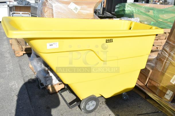 BRAND NEW Lavex yellow tilt truck with scratches; large capacity, durable plastic, wheels; label: "305."